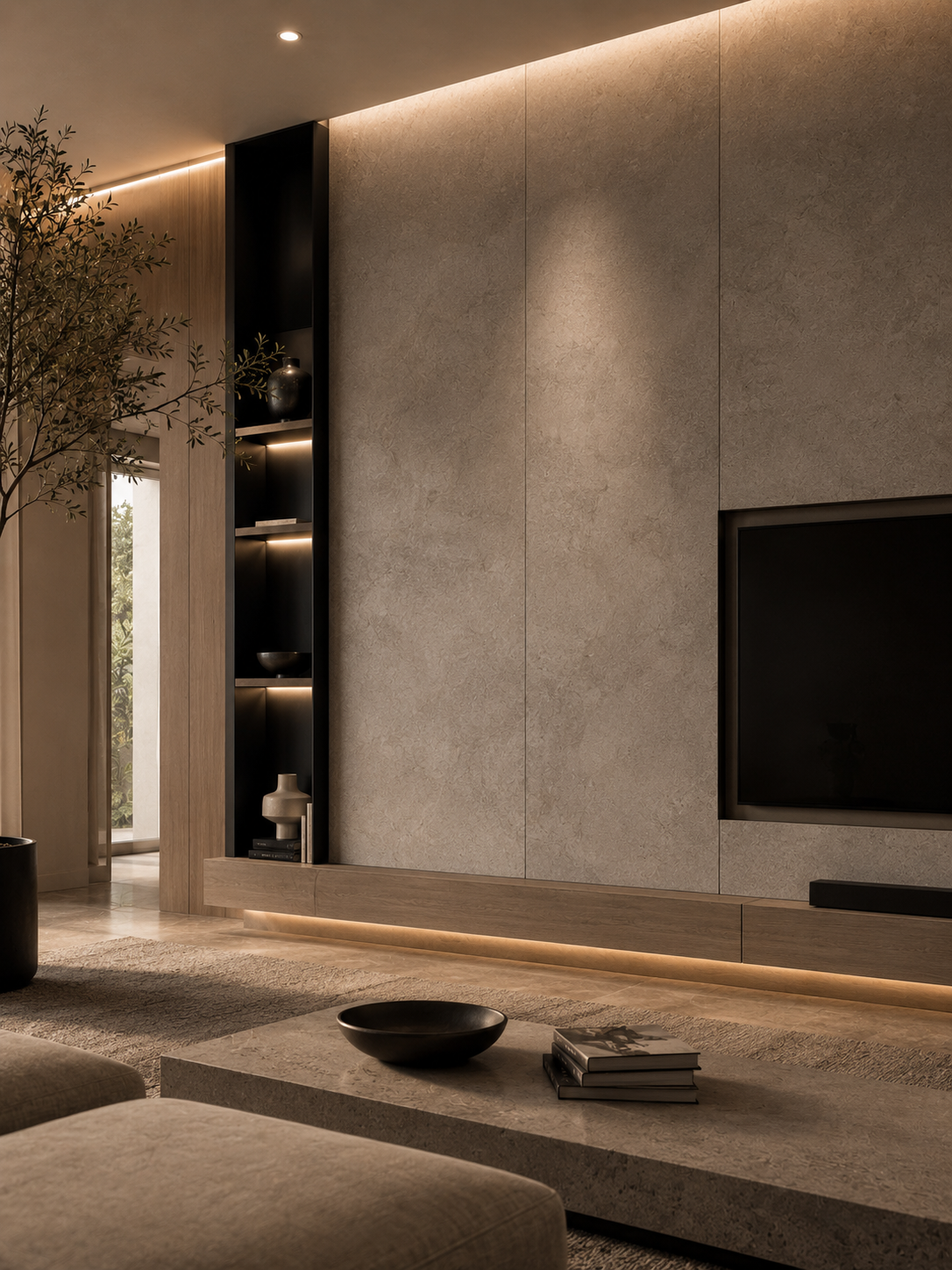 Stone-look SPC panels in a media room